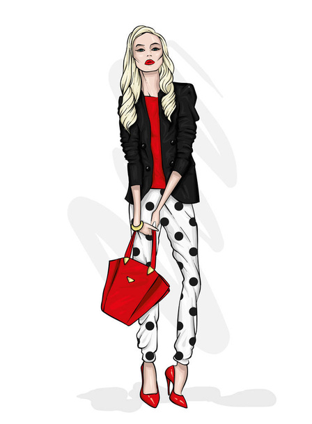 A tall slender girl with long hair in a stylish jacket, trousers and high-heeled shoes. Fashion & Style. Stylish clothes and accessories. Fashionable bag. Vector illustration. - Vettoriali, immagini