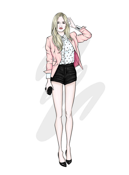 A tall slender girl in short shorts, a jacket and high-heeled shoes. Beautiful model in stylish clothes. Vector illustration for a postcard or a poster, print for clothes. - Vektor, Bild