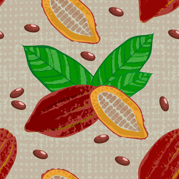 ココアの果物と葉。果物、カット、カカオ豆。ベクトルの図。チョコレート。グランジ テクスチャ。繊維の背景のシームレスなパターン - ベクター画像