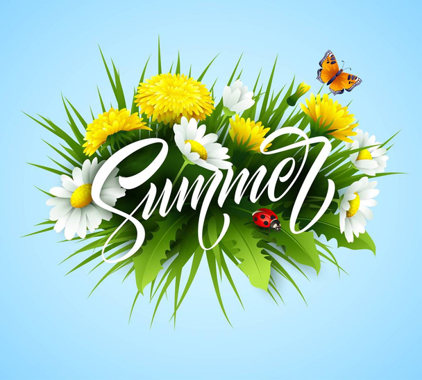 Summer handwriting lettering with summer flower. Vector illustration - Vector, Image