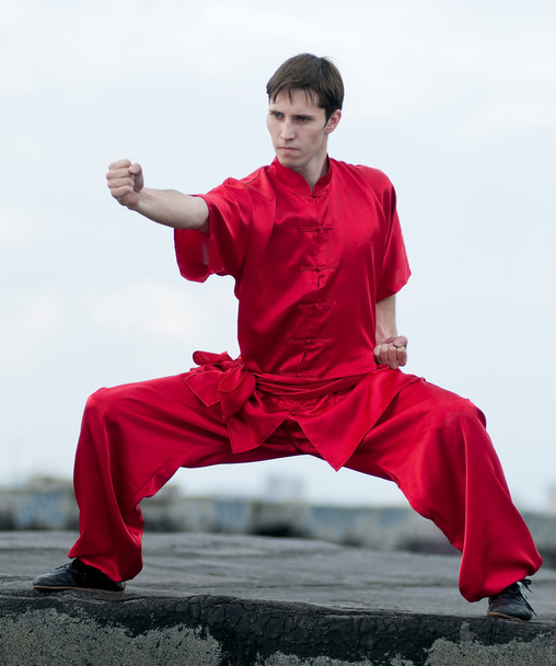 Wushoo hombre en la práctica roja de arte marcial
 - Foto, imagen
