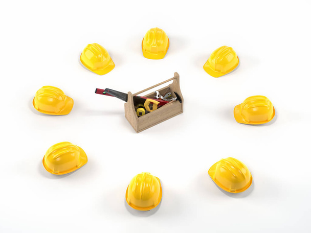 Caixa de ferramentas de madeira com ferramentas cercadas por chapéus duros amarelos no fundo branco
 - Foto, Imagem
