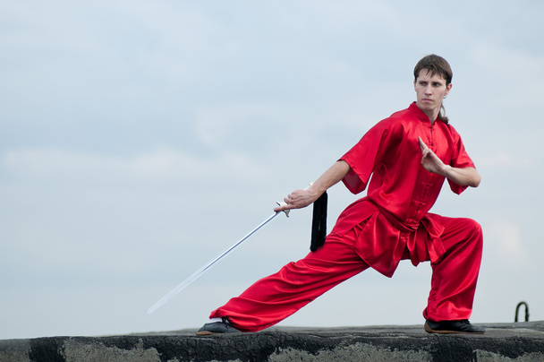 Wushoo man in red practice martial art - 写真・画像