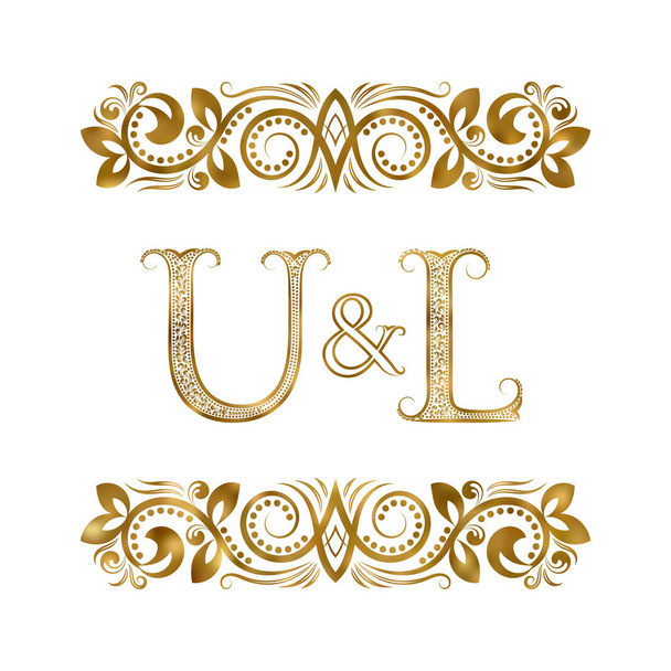 Символ винтажных инициалов U и L. Буквы окружены декоративными элементами. Монограмма о свадьбе или деловых партнерах в королевском стиле
. - Вектор,изображение