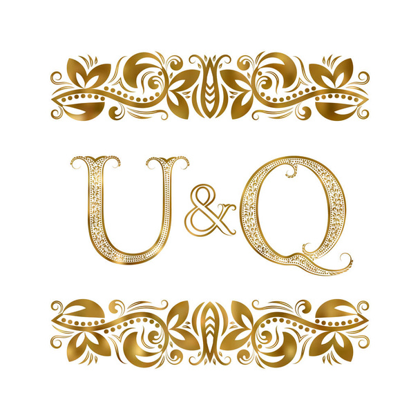 U ja Q vintage nimikirjaimet logo symboli. Kirjeitä ympäröivät koriste-elementit. Häät tai liikekumppanit monogrammi kuninkaalliseen tyyliin
. - Vektori, kuva