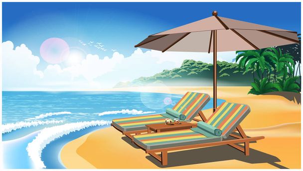 2 つのデッキの椅子とエキゾチックな国の砂浜のビーチで傘 - ベクター画像