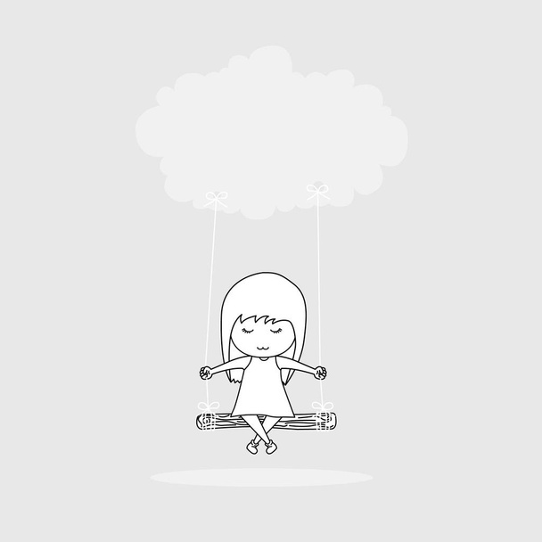 Cartoon girl swinging on a cloud for coloring, vector illustration - Vector, Image
