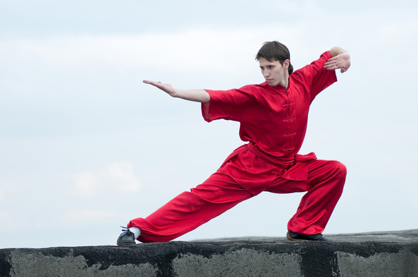 Wushoo man in red practice martial art - Photo, Image