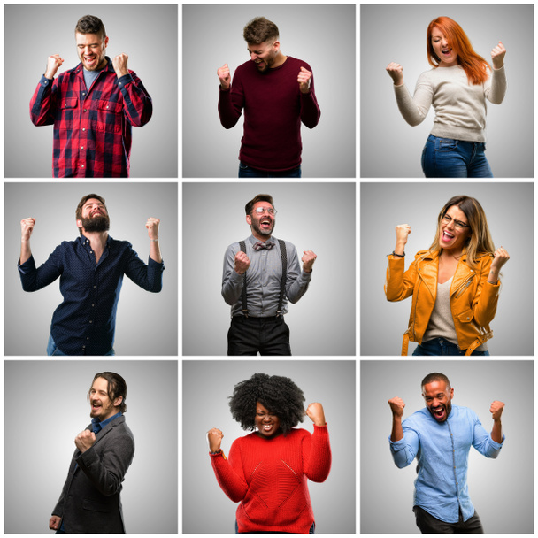 Группа смешанных людей, женщин и мужчин счастлива и взволнована, выражая победный жест. Успешная и торжественная победа, торжествующая
 - Фото, изображение