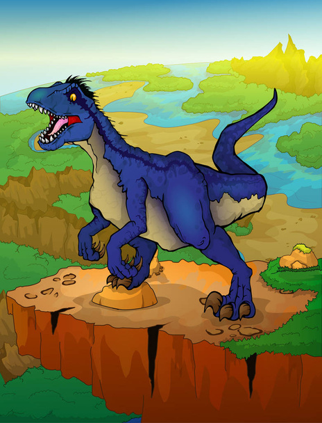 Raptor met landschap-achtergrond. Vectorillustratie van een cartoon-dinosaurus - Vector, afbeelding