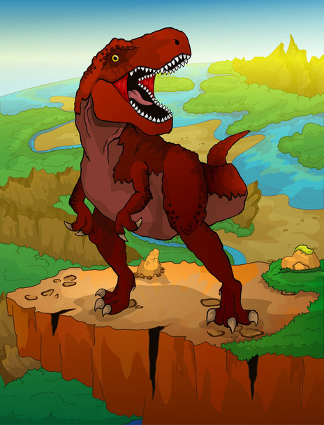 Tyrannosaurus met landschap-achtergrond. Vectorillustratie van een cartoon-dinosaurus - Vector, afbeelding