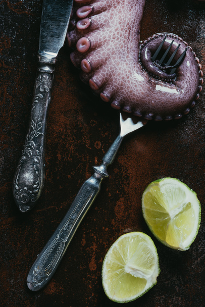 vue de dessus du tentacule de grande pieuvre avec fourchette, couteau et chaux sur une surface métallique rouillée
 - Photo, image