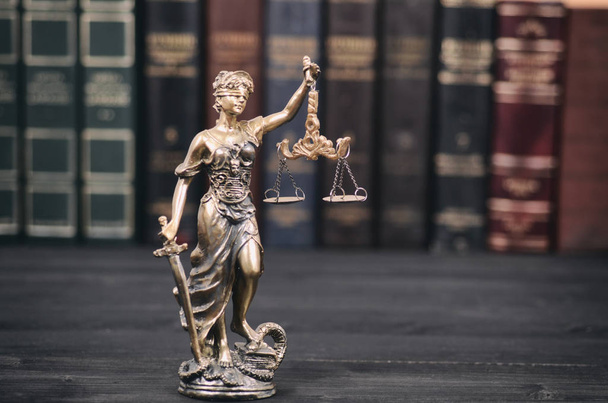 Law and Justice, Scales of Justice, Justitia, Lady Justice, law library concept, Law books in the background. - Fotografie, Obrázek