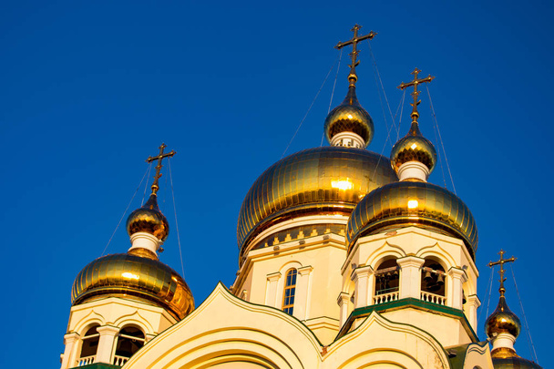 Beautiful view of the Transfiguration Cathedral. Sunset. Dome Shine. Russia, Khabarovsk. - Photo, Image