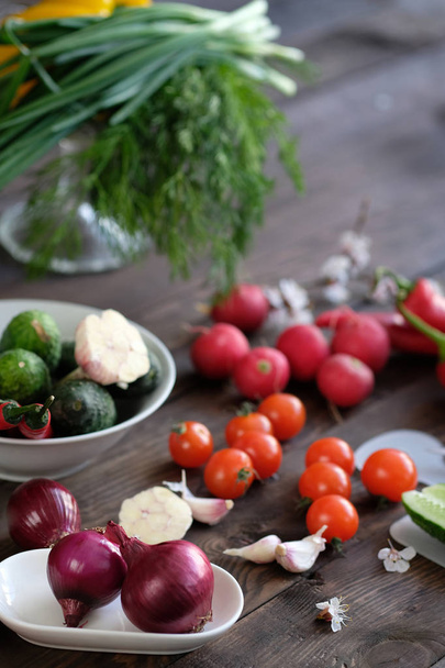 fresh vegetables on old rustic wooden table - Фото, изображение