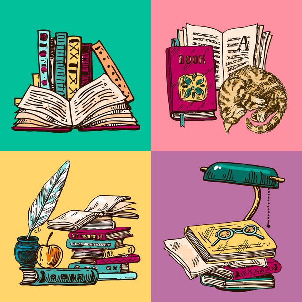 Набор векторных иллюстраций для чтения книги, нарисованных вручную
 - Вектор,изображение