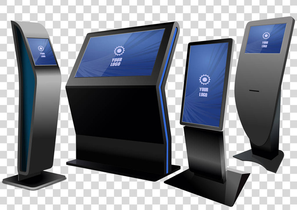 4 プロモーション インタラクティブ情報キオスク、広告表示、ターミナルに立つ、透明な背景に分離したタッチスクリーンディス プレイ。モックアップを作成テンプレート. - ベクター画像