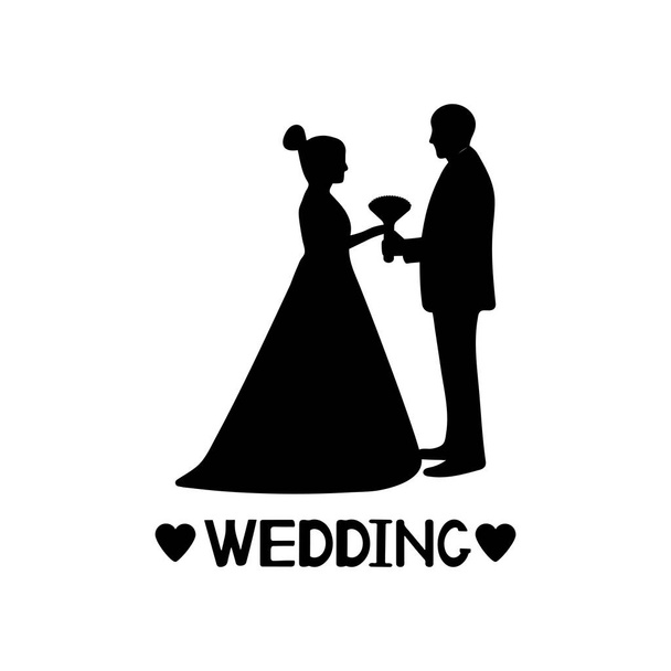 Black silhouettes of the bride and groom, hearts and word Wedding. Vector illustration - Vector, Image