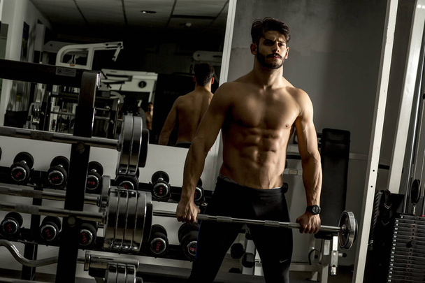 Portrait of strong and handsome young man doing exercise with dumbbells - Φωτογραφία, εικόνα