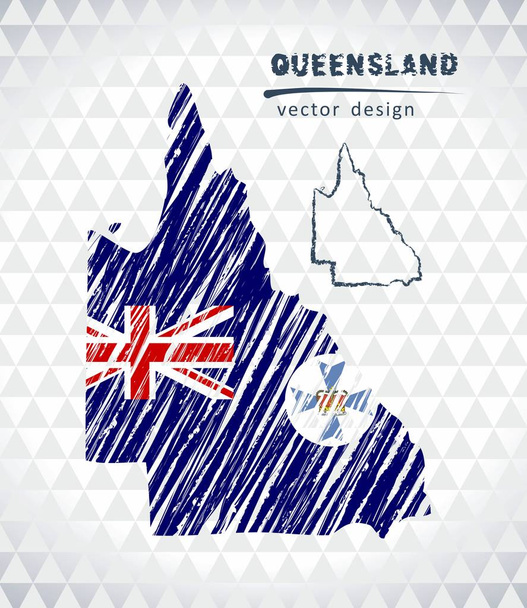 Queensland vector map with flag inside isolated on a white background. Sketch chalk hand drawn illustration - Vector, Image