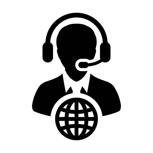 Σύμβολο προφίλ πρόσωπο υπηρεσία εικονίδιο διάνυσμα αρσενικό πελάτη σύνδεση με ακουστικά για online υποστήριξη δικτύου internet σε εικονογράφηση εικονόγραμμα γλύφων - Διάνυσμα, εικόνα