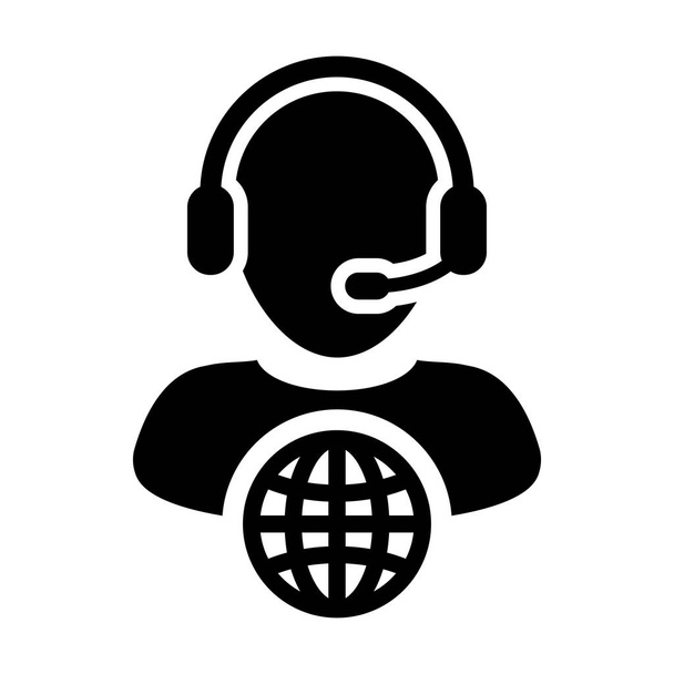 Símbolo masculino do perfil da pessoa do serviço ao cliente do vetor do ícone do centro de chamadas com fone de ouvido para o apoio em linha da rede do Internet na ilustração do pictograma do glifo
 - Vetor, Imagem