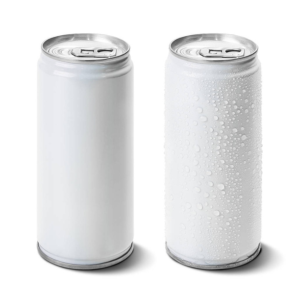 Canette en aluminium blanc et goutte d'eau isolée sur fond blanc avec chemin de coupe
 - Photo, image
