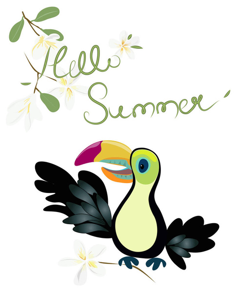 Mignon & amusant oiseau tropical toucan heureux avec des fleurs d'été sur fond blanc vecteur isolé
 - Vecteur, image