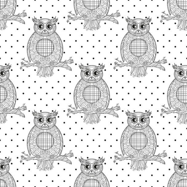 Owl. Seamless pattern. Zendala. Design Zentangle. Dotted texture. Hand drawn abstract patterns on isolation background. Design for spiritual relaxation for adults. Line art. Zen art - Вектор,изображение