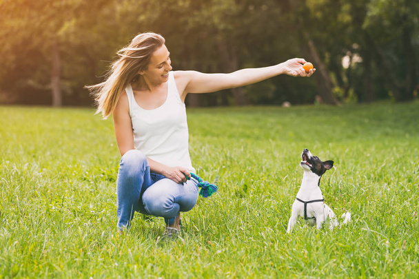 Beautiful woman enjoys playing with her cute dog Jack Russell Terrier in the nature. Image is intentionally toned. - 写真・画像