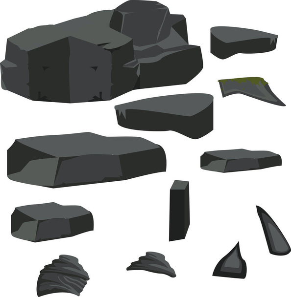 a set of different stones, dark, gray, large, rock - Vector, Image