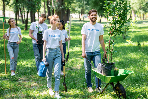 happy friends volunteering and planting trees in park together - Zdjęcie, obraz