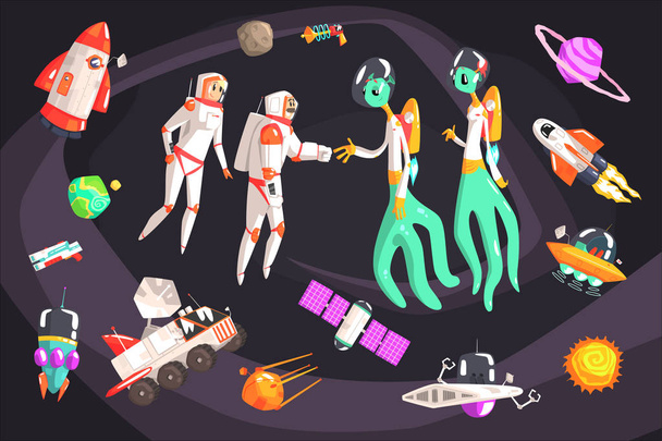 Astronotlar uzayda dünya dışı varlıklar ile el çevrili seyahat tarafından ilgili nesneler - Vektör, Görsel