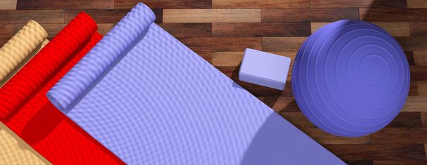 Pilates class. Exercice mats and equipment on wooden floor, top view, copy space. 3d illustration - Photo, Image