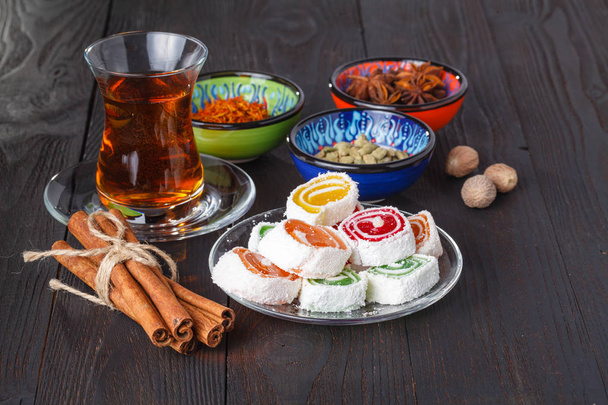 Traditional turkish tea with sweets and dry fruits - Photo, Image
