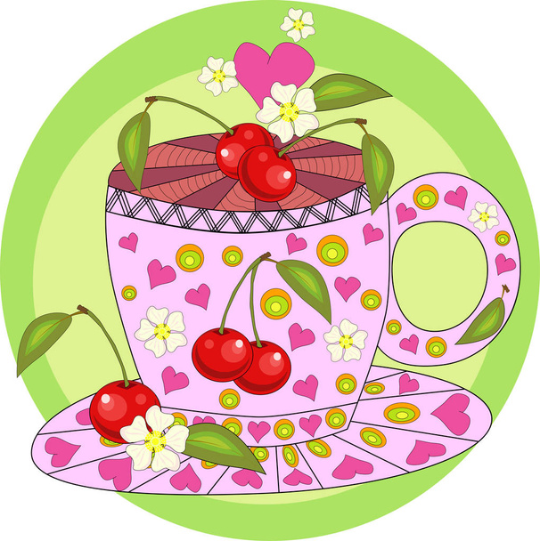 Cherry tea. Tea cooked with love. A cup with cherry berries, decorated with leaves and flowers, inscriptions about utility - Vektor, obrázek