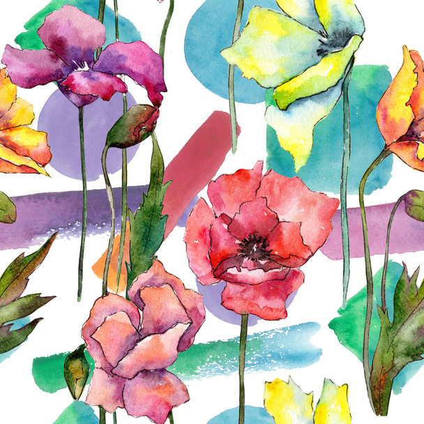 Colorful poppy. Floral botanical flower. Seamless background pattern. Fabric wallpaper print texture. Aquarelle wildflower for background, texture, wrapper pattern, frame or border. - Valokuva, kuva
