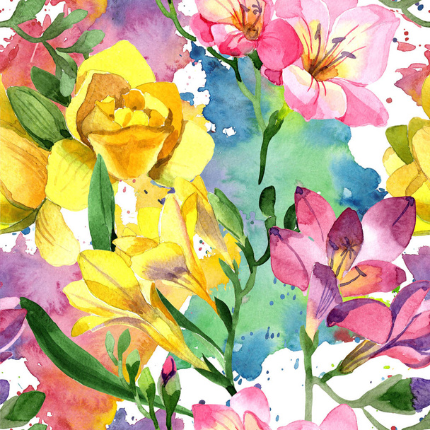 Colorful freesia. Floral botanical flower.Seamless background pattern. Fabric wallpaper print texture. Aquarelle wildflower for background, texture, wrapper pattern, frame or border. - Photo, Image