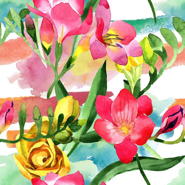 Colorful freesia. Floral botanical flower.Seamless background pattern. Fabric wallpaper print texture. Aquarelle wildflower for background, texture, wrapper pattern, frame or border. - Foto, Imagem