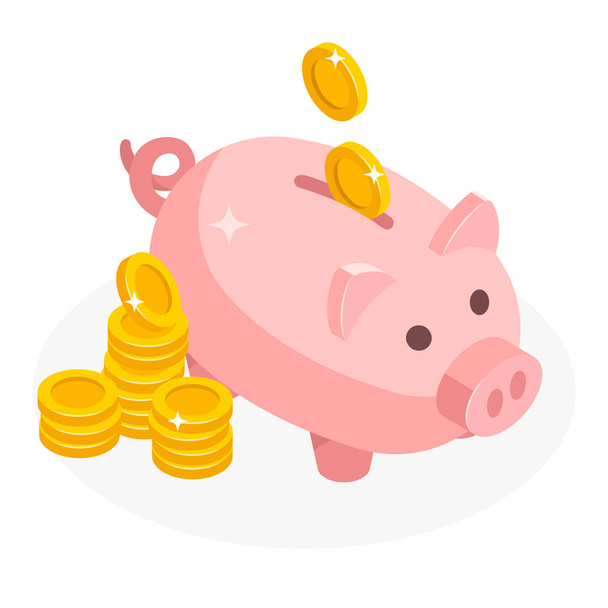 Isometric piggy bank with coins money cash isolated on white background. Icon piggy bank in isometric style, concept of saving money. Pig money box icon. - Vector, Image
