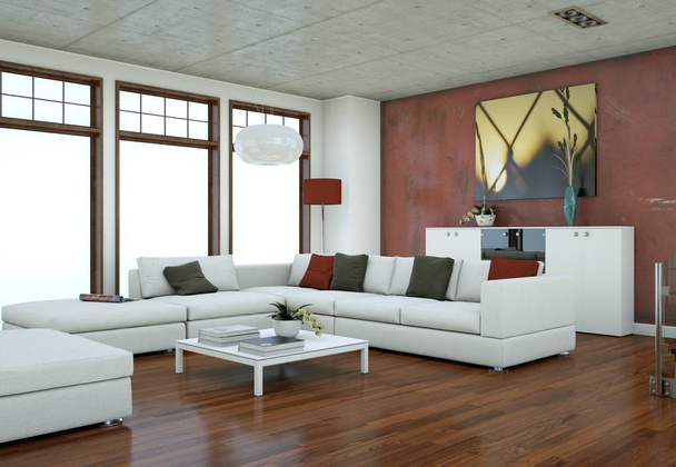 Design de interiores loft minimalista com sofás e paredes de concreto
 - Foto, Imagem