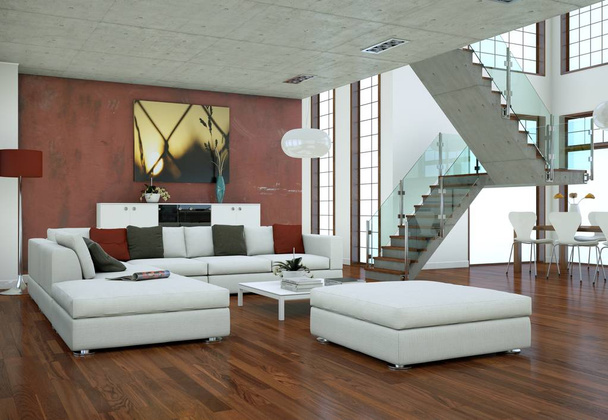 Минималистичный дизайн интерьера лофта с диванами и бетонными стенами
 - Фото, изображение