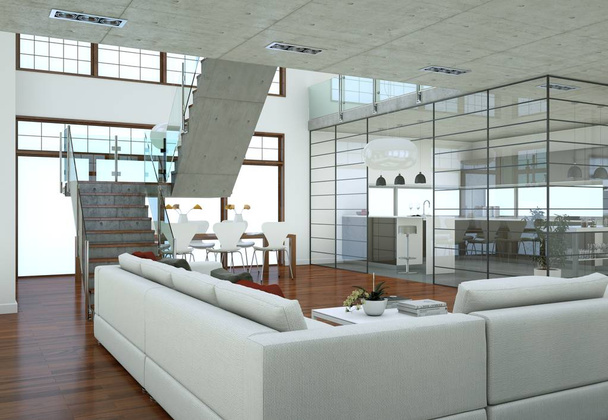 Diseño interior de loft minimalista con sofás y paredes de hormigón
 - Foto, Imagen