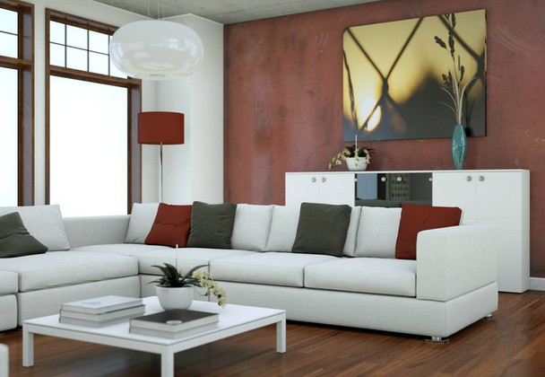Loft minimalista belsőépítészet, kanapékkal és beton falak - Fotó, kép