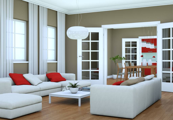 Moderno diseño interior luminoso salón con sofás
 - Foto, imagen