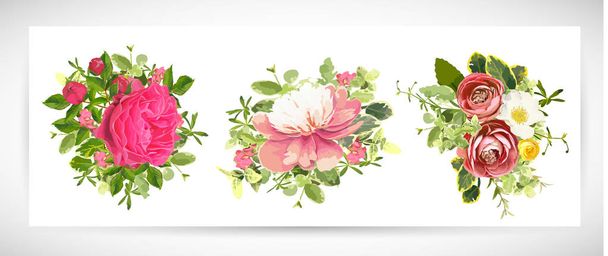 花テンプレート デザイン花束、バーガンディの花ラナンキュラスと黄色、オレンジと白バラ、白ピンク牡丹、茶ピンクバラ、ツルニチニチソウ、緑の葉の装飾。ベクトル図 - ベクター画像