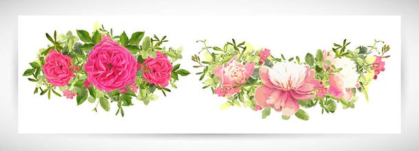 花テンプレート デザイン ブーケ、ピンクの牡丹、ピンク茶バラ、ツルニチニチソウ、よもぎ、緑の葉の装飾。ベクトル図 - ベクター画像