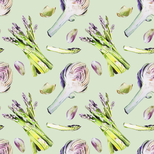 Seamless Watercolor Asparagus And Artichoke Pattern - Fotografie, Obrázek