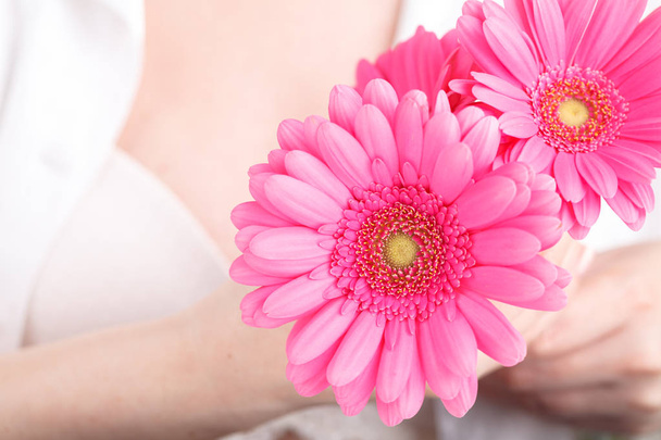 Pink gerbera in female hand, Gynecology concept - Photo, image