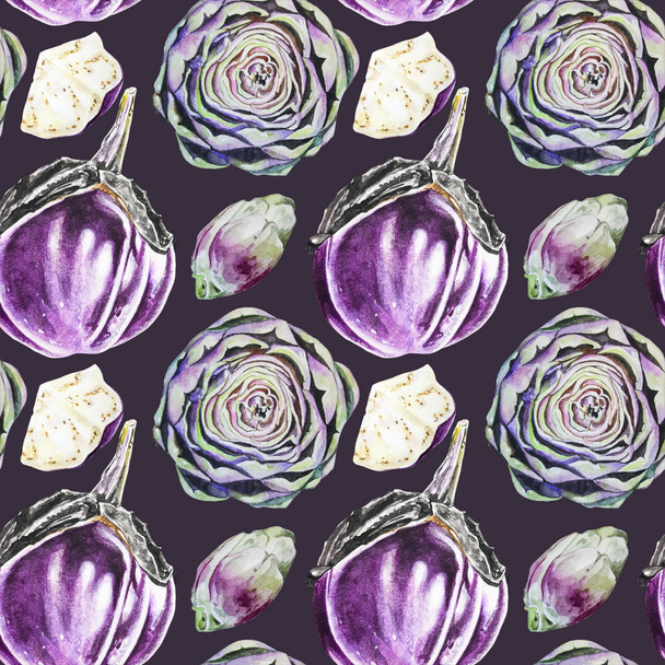 Seamless Watercolor Eggplants And Artichokes Pattern - Foto, imagen